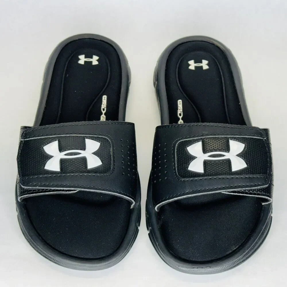 Under Armour 4D Foam Slide Sandals Black Youth Unisex Sz 1Y Adjustable Hook Loop
